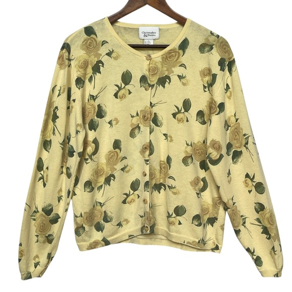 Vintage Christopher & Banks Cardigan Sweater Size L Yellow Floral Ramie Cotton - Picture 1 of 9